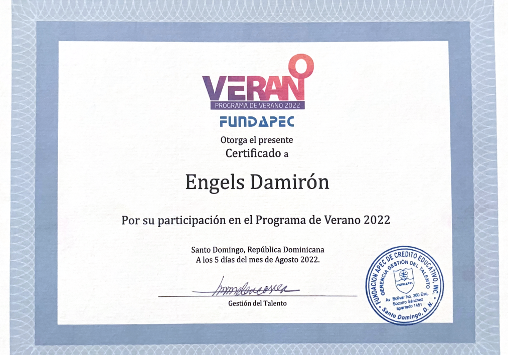 Certificado del Programa de Verano FUNDAPEC 2022